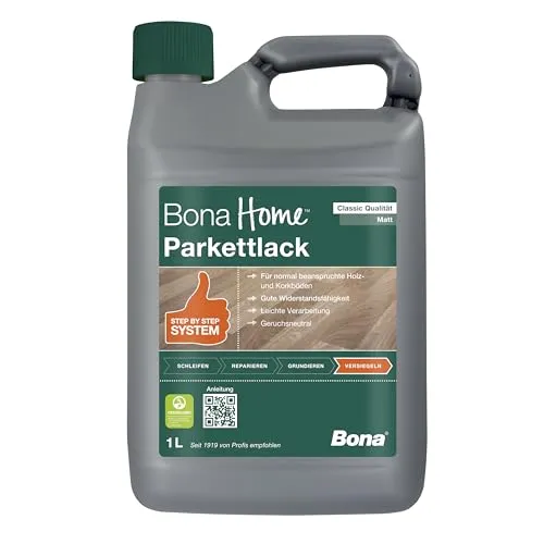 Bona Home Parkettlack Classic Versiegelung matt 1,0L - Lacke für Holz- und Korkböden, schützt effektiv vor Abnutzung und sorgt für eine geruchsneutrale, schnelltrocknende Oberfläche. Ideal für Familien mit Kindern.