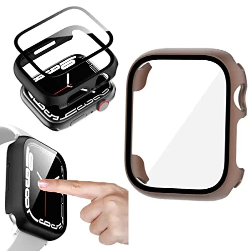 Wigento Für Apple Watch Series 9 8 7 45mm / 6 SE und 2023 2022 5 4 44mm 2 in 1 Shockproof Hart Uhr Hülle Cover + H9 Hart Glas Dunkel Braun