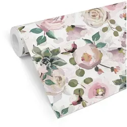 K&L Wall Art Mustertapete Kunstdruck Blumen Aquarell Vliestapete Pfingstrosen Blumentapete modern, Gemälde Tapete weiß 0.48 m x 10.08 m