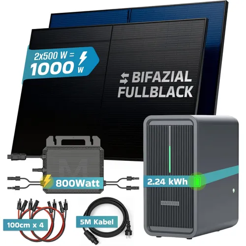 SUNNIVA 1000W Balkonkraftwerk mit Marstek B2500-D Solarspeicher - Premium Balkonkraftwerk mit 1000 W Leistung, inkl. 2 bifazialen Solarmodulen und 2,24 kWh Speicher. Ideal für Balkon oder Terrasse, bietet hohe Energieausbeute und Langlebigkeit.