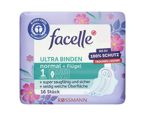 facelle Ultra Binden normal + Flügel, 16 Stück - Monatsbinden mit Flügeln für optimalen Auslaufschutz und Komfort, dermatologisch getestet und mit Seiden-Extrakt für ein angenehmes Hautgefühl. Ideal für jeden Tag der Menstruation.