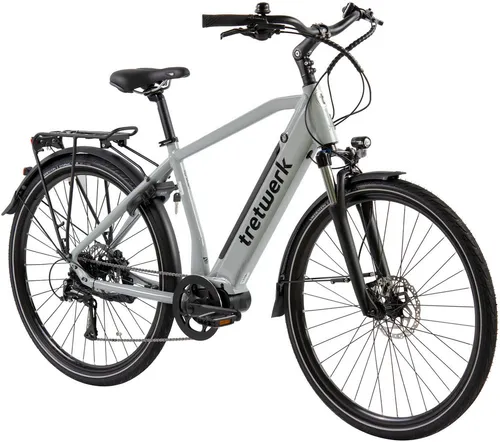 E-Bike TRETWERK "Sonic" Gr. 50, grau - E-Bike für Damen und Herren, ausgestattet mit leistungsstarkem Ananda M80 Motor und 522 Wh Akku für eine Reichweite von bis zu 150 km. Ideal für entspannte Radtouren und tägliche Fahrten.