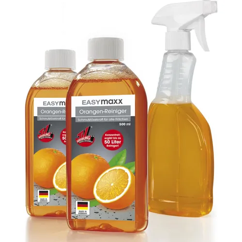 EASYmaxx Orangenreiniger 3tlg. - Frischer Duft für strahlende Sauberkeit - Reinigungsmittel mit extremer Fettlösekraft, löst hartnäckige Verschmutzungen ohne Schrubben. Ergibt bis zu 100 Liter Orangenreiniger und sorgt für ein frisches Zuhause.