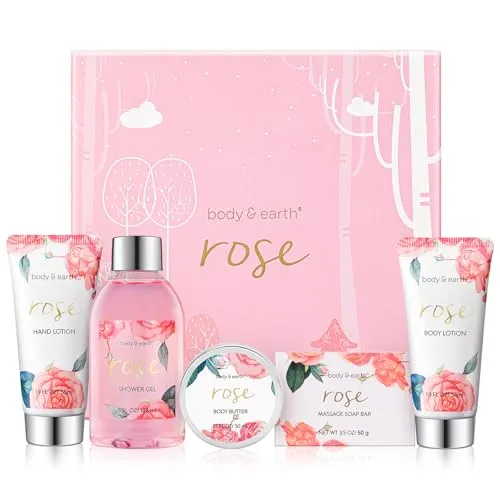 BODY & EARTH Geschenkbox für Frauen-5 tlg. Rose Geschenkset Frauen, Duschgel, Körperbutter, Handcreme, Bodylotion, Geburtstagsgeschenk, Geschenke für Freundin, Muttertagsgeschenk