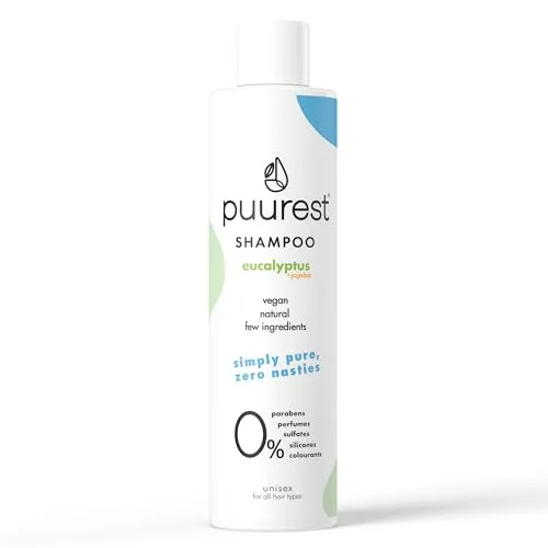 Puurest Sulfatfreies Shampoo mit Eukalyptus & Jojobaöl, 250ml - Sanfte Reinigung für alle Haartypen – entfernt überschüssiges Öl und Schmutz, ideal für fettiges Haar. Vegan und tierversuchsfrei, sorgt für frische Ansätze und pflegt trockene Spitzen.