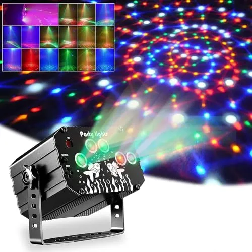 Discolicht Partylicht - Musikgesteuertes DJ Licht mit Fernbedienung - Effektstrahler mit 61 verschiedenen Mustern, ideal für Partys, Hochzeiten und Karaoke. Genießen Sie dynamische Lichtshows, die im Takt der Musik pulsieren!