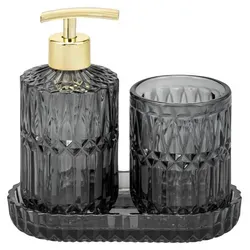 eluno Bad-Accessoires Set BURANO 3tlg. aus schwarzem Glas - Elegantes 3-teiliges Bad-Accessoires Set BURANO mit Seifenspender, Becher und Schale. Die stilvolle Diamantstruktur und der goldfarbene Pumpkopf setzen edle Akzente in jedem Badezimmer.