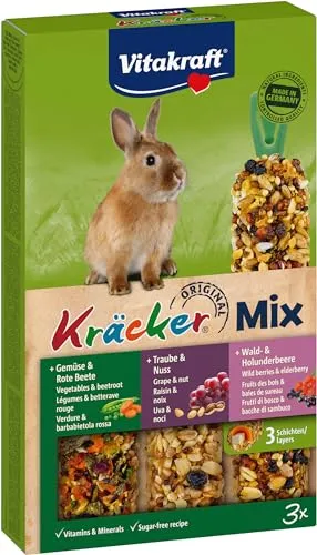 Vitakraft Kräcker Mix, Knabberstangen für Zwergkaninchen, mit Gemüse und Rote Beete, mit Traube und Nuss, mit Wald und Holunderbeere, ohne Zusatz von Zucker (1x 3 Stück)