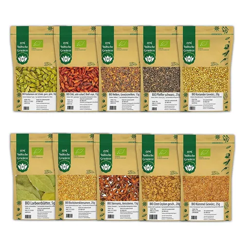 BIO Indische Gewürze 10er STARTER SET 2 - Kräuter für die indische Küche, bestehend aus 10 ausgewählten Gewürzen, ideal für authentische Gerichte und lange Haltbarkeit bis 31-12-2026.