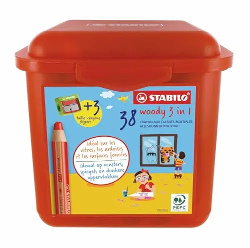 STABILO woody 3 in 1 - 38er Box mit 13 Farben, Buntstift, Wasserfarbe und Wachsmalkreide in einem, ideal für kreative Kunstprojekte