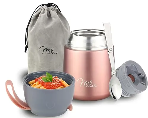 Milu® Thermobehälter für Essen I 450ml I Edelstahl Warmhaltebehälter mit Löffel, Thermobecher Essen, Thermo Lunchbox für Kinder, Erwachsene, Thermobox Suppen, Babybrei, Speisebehälter Rosegold, 450ml
