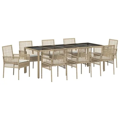 vidaXL 8-Sitzer Gartentisch Set Außen Rechteckig Poly-Rattan mit Tischplatte aus Einscheibensicherheitsglas für Terrasse Balkon Garten wetterfestes