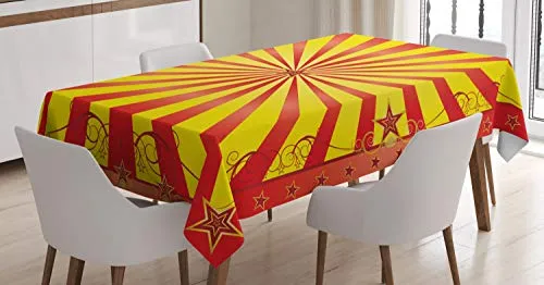 ABAKUHAUS Zirkus Tischdecke, Retro Flyer Hintergrund, Pflegeleicht Waschbar Schmutzabweisend und mit Klaren Farben Hochwertiger Druck, 140 x 240 cm, Rot Gelb