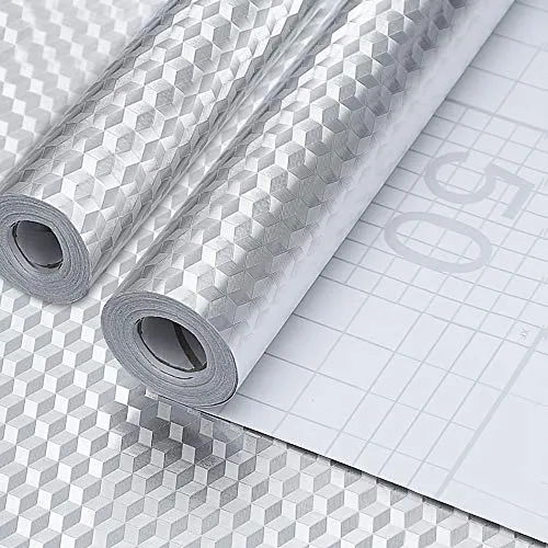 EMAGEREN 2 Rollen Klebefolie Silber Selbstklebend Aluminium Klebefolie Aufkleber Küchenfolie Wasser-und fettdichte Aufkleber Hitzebeständig Tapete Öl-Resistent Tapete Metallfolie, 40 x 200 cm