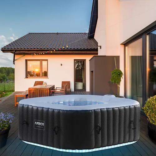 AREBOS Whirlpool - Aufblasbar, LED, quadratisch, 600 L für 4 Personen - Outdoor-Whirlpool mit 100 Massagedüsen für ein entspannendes Massageerlebnis. Integriertes LED-Leuchtband sorgt für stimmungsvolle Atmosphäre, ideal für ganzjährige Nutzung.