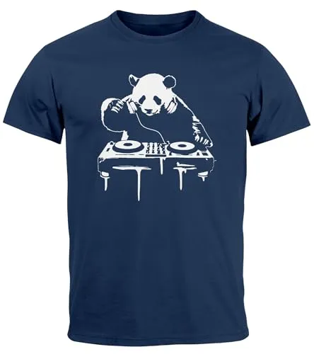Neverless® Herren T-Shirt mit Aufdruck Panda DJ Techno Rave Festival Outfit Sommer Fashion Streetstyle Navy 3XL