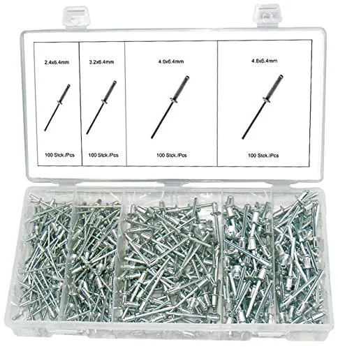 Blindnieten-Sortiment/Aluminium Popnieten Satz mit Stahlstift (Abreißstift aus Stahl) 2,4 mm - 4,8 mm, 400-tlg.