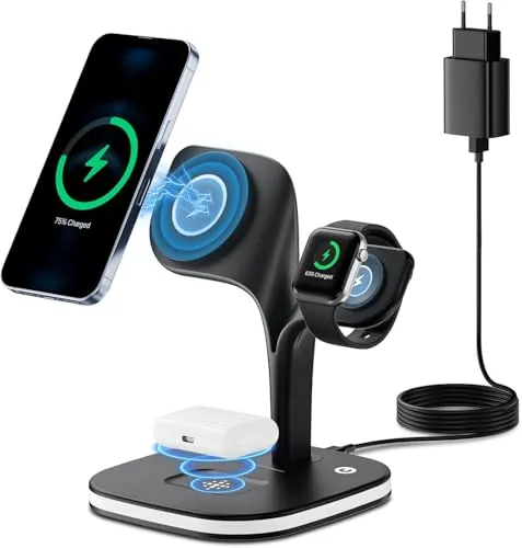 in 1 Ladestation Kompatibel mit Apple Magsafe, ETELIAR Induktive Ladestation für iPhone 16 15 14 13 12 Serie und Apple Watch 10 9 8 7 6 5 4 SE und AirPods 3/2/Pro, Kabelloses Ladegerät 3
