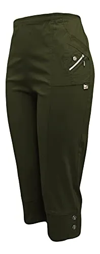 Kurze Hosen Damen Sommerhosen Bermuda 7/8 Schlupfhose leichte Stoffhose angenehme Caprihose mit Taschen (42-44, Khaki)