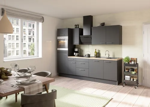 Küchenzeile 270 cm Anthrazit OPTIFIT mit Geräten - Moderne Einbauküche mit Spüle, Dunstabzugshaube und Geschirrspüler. Pflegeleicht und einfach zu montieren, bietet sie eine optimale Lösung für Ihr Zuhause.