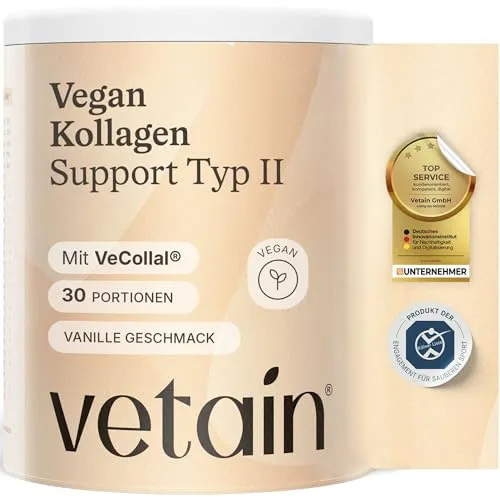 VETAIN Vegan Kollagen Pulver Typ 2 - 300g mit VeCollal® und Vitamin C - Veganes Kollagen Pulver mit 18 Aminosäuren, perfekt für aktive Menschen. Ohne Zuckerzusatz und künstliche Aromen – ideal für Smoothies oder Shakes. Kölner Liste zertifiziert für geprüfte Qualität.