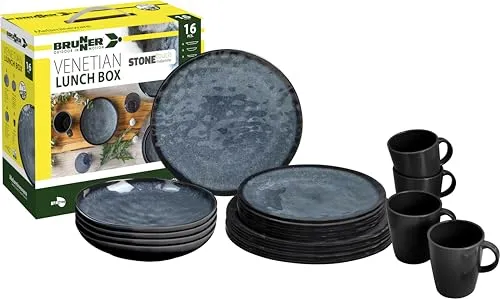 Brunner Venetian Geschirrset, 16-teilig, blau/schwarz - Campinggeschirr, 16-teiliges Set aus robustem Material, ideal für Outdoor-Aktivitäten und Picknicks.