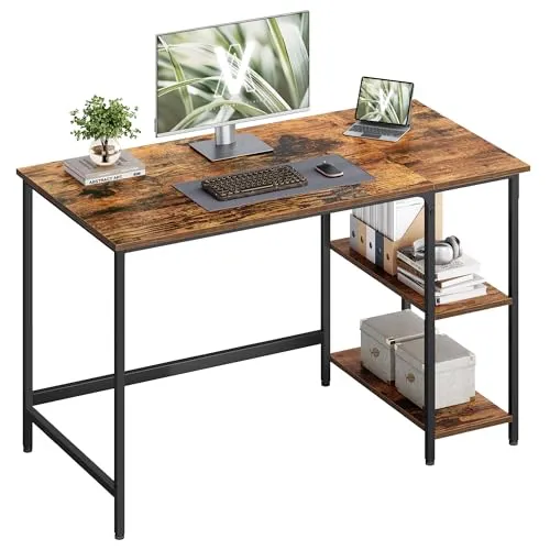 VASAGLE Schreibtisch Computertisch 120/140cm, Vintage Schwarz & Vintagebraun - Schreibtisch mit 2 Ablagen, ideal für stilvolles Arbeiten und Home Office. Robuste Holzspanplatte und Stahlgestell sorgen für Langlebigkeit und Eleganz.