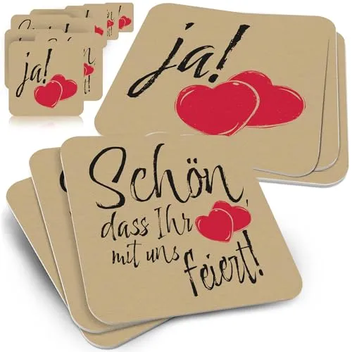 50x Bierdeckel Hochzeit 'Schön DASS du da bist' JA! - Romantische Tischdeko & Gastgeschenk mit Herzmotiv - Hochzeitsdeko Untersetzer aus Pappe - Funke & Brand