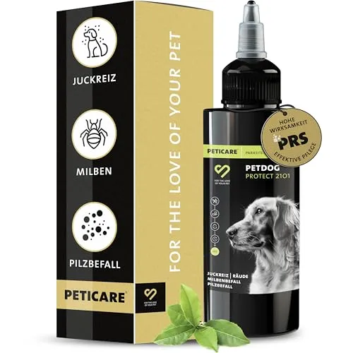 Peticare Anti-Parasiten Mittel für Hunde - Juckreizmittel für Hunde, wirkt schnell gegen Milben, Flöhe und Pilze, unterstützt die Hautregeneration mit einzigartigem PRS® System für langanhaltende Wirkung.