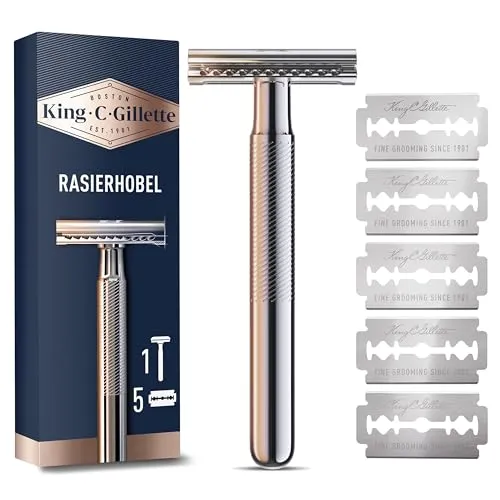 King C. Gillette Rasierhobel für Männer - Handrasurset für Herren mit sicherer Doppel-Schneidekante und Anti-Reibungsbeschichtung für präzise Rasuren ohne Hautreizungen.