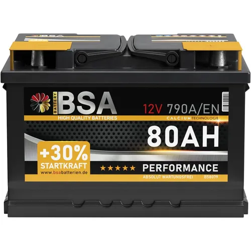 BSA Autobatterie 12V 80Ah – WARTUNGSFREI mit 30% mehr Startkraft - Zuverlässige Starterbatterie für PKW mit 80Ah und 790A Kaltstartstrom. Ideal für den professionellen Einsatz und optimierte Leistung bei jedem Wetter.