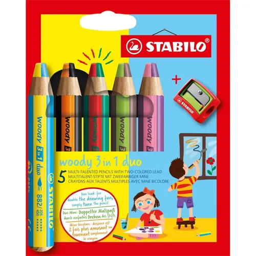 STABILO Multitalentstift woody 3 in 1 duo - 5er Karton mit bruchsicheren Minen, ideal für kreative Projekte auf verschiedenen Oberflächen