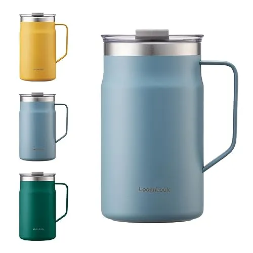 LocknLock Metro Becher Premium 18/8 Edelstahl doppelwandig isoliert mit Griff, perfekt für Tisch mit Deckel (600 ml Blau)