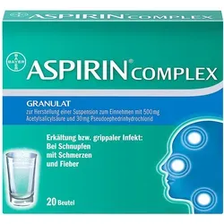 Aspirin Complex Beutel 20 ST - Arzneimittel zur symptomatischen Behandlung von Schnupfen und Nebenhöhlenentzündungen. Schmerzlindernd und fiebersenkend, ideal bei Erkältungsbeschwerden.