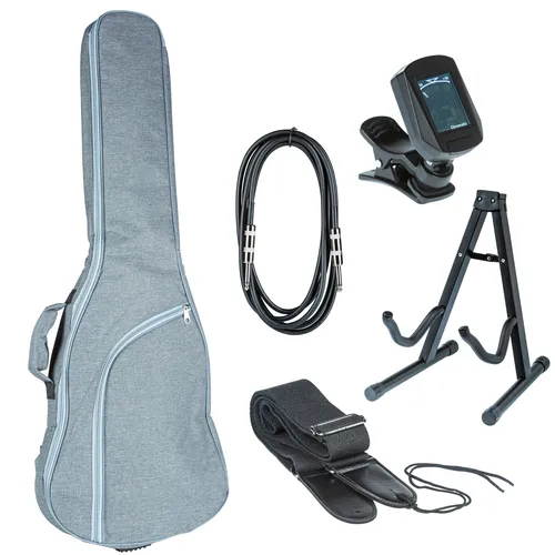 MUSIC STORE E-Gitarren Deluxe Zubehörset - Praktisches Zubehörset für E-Gitarristen: Schützende Gitarrentasche, verstellbarer Gurt, 3 m Kabel, Clip-On Stimmgerät und klappbarer Gitarrenständer. Ideal für den sicheren Transport und die optimale Pflege Ihrer Gitarre.