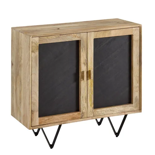 Sideboard 80x75x35 cm Mango Massivholz / Stein Anrichte Braun | Kommode mit 2 Türen | Kleiner Kommodenschrank Holz Massiv | Standschrank Mehrzweckkommode mit Metallgestell