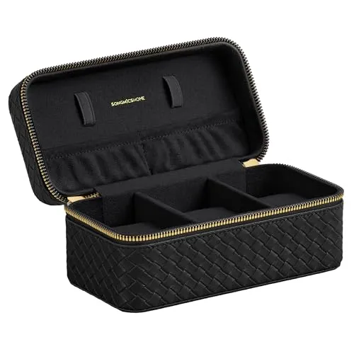 SONGMICS HOME Uhrenbox unterwegs, Etui für 3 Uhren, PU im Flechtlook, 10 x 20 x 9 cm, Geschenkidee, RONNE Kollektion, Bezug in Schwarz, Innenfutter in Schwarz JWB017B01