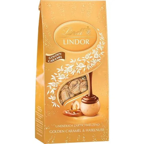 Lindt LINDOR Beutel Golden Caramel & Haselnuss 137g - Genießen Sie 10 zartschmelzende LINDOR Kugeln mit feiner Vollmilch-Schokolade und köstlicher Caramel- und Haselnussfüllung – ideal als Geschenk oder zum Teilen!