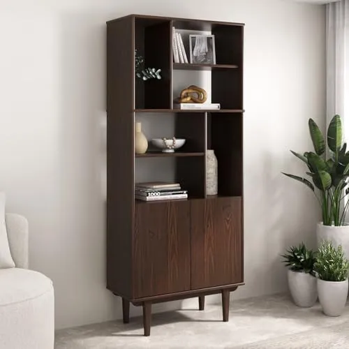 IDIMEX Regal SIMONA, Modernes Holzregal mit Push-to-open Türen - Regale: Praktisches Holzregal mit 6 offenen Fächern und 2 Türen für eine grifflose Optik. Ideal für stilvollen Stauraum im Wohnzimmer, gefertigt aus Kiefer Massivholz in Nussbaumfarbe.