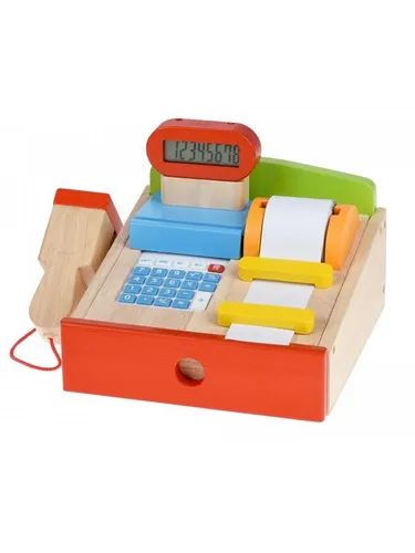 goki 51575 Spielkasse aus Massivholz - Kinder-Registrierkasse mit Scanner und Taschenrechner, pädagogisches Spielzeug für kreatives Spielen ab 3 Jahren
