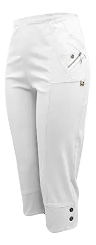 Kurze Hosen Damen Sommerhosen Bermuda 7/8 Schlupfhose leichte Stoffhose angenehme Caprihose mit Taschen (50-52, Weiß)