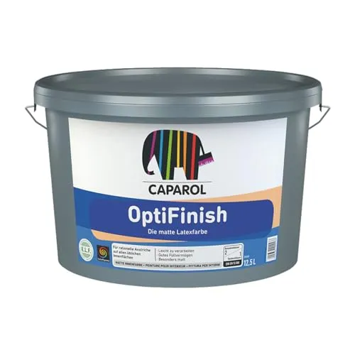 Caparol OptiFinish 12,5 Liter, Weiß - Strapazierfähige Innenfarbe - Farben für Innenflächen, ideal für Neu- und Renovierungsbeschichtungen. Mit Nassabriebbeständigkeit Klasse 2 eignet sich diese umweltschonende Farbe auch für stark frequentierte Bereiche.