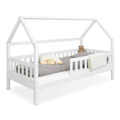 Ehrenkind® Hausbett Lille | Massivholz Kinderbett 80x160 mit Rausfallschutz - Kleinkindbett aus FSC®-zertifiziertem Holz, ideal für Spiel und Schlaf. Niedrige Liegehöhe fördert die Selbstständigkeit nach Montessori-Prinzip, Sicherheit durch abnehmbaren Rausfallschutz.