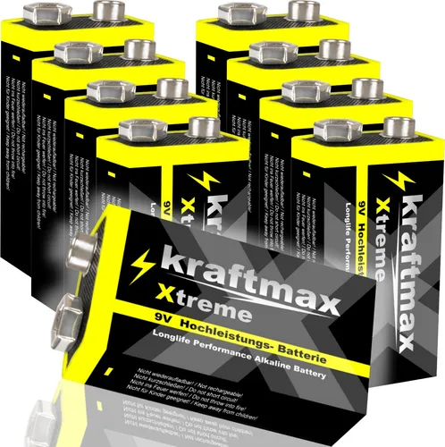 8er Pack kraftmax Xtreme 9V Block Hochleistungs- Batterien ideal für 10 Jahres Rauchmelder - 6LR61 9 Volt Longlife Blockbatterie mit maximaler Lebensdauer