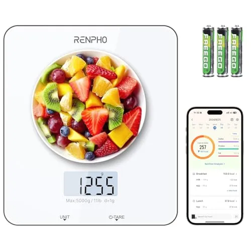 RENPHO Digitale Küchenwaage mit LCD-Display - Präzise Lebensmittelwaage mit Tara-Funktion, misst bis 5kg und unterstützt mehrere Maßeinheiten für einfaches Kochen und Backen.