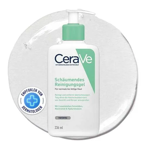 CeraVe Schäumendes Reinigungsgel 236 ml - Gesichtsreinigung für normale bis fettige Haut, entfernt effektiv Schmutz und Make-up, stärkt die Hautschutzbarriere mit 3 Ceramiden und spendet Feuchtigkeit durch Hyaluron.