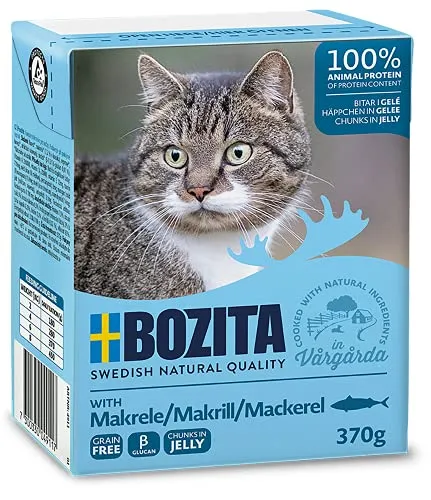Bozita Häppchen in Gelee Nassfutter mit Makrele im Tetra Recart 1x370g - Getreidefrei - nachhaltig produziertes Katzenfutter für erwachsene Katzen - Alleinfuttermittel ,370 gm