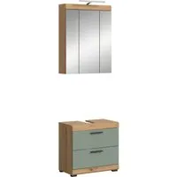 Badmöbel-Set SCHLOONSEE 2-teilig mit LED-Beleuchtung - Badmöbel-Set mit Waschbeckenunterschrank und Spiegelschrank, hochwertige MDF-Front in grün, pflegeleicht und modern. Ideal für stilvolle Badezimmer.