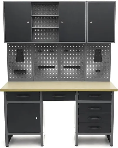HBM-Werkbank mit Türen 160 × 60 × 200 cm - Werkstatteinrichtung mit viel Stauraum, ausgestattet mit Schränken, Schubladen und Fachböden für eine optimale Organisation Ihrer Werkzeuge.