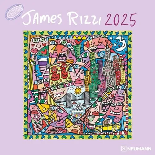 N NEUMANNVERLAGE - James Rizzi 2025 Broschürenkalender, 30x30cm, Wandkalender mit Abbildungen von James Rizzi, Mondphasen, viel Platz für Notizen und internationale Feiertage/Kalendarium